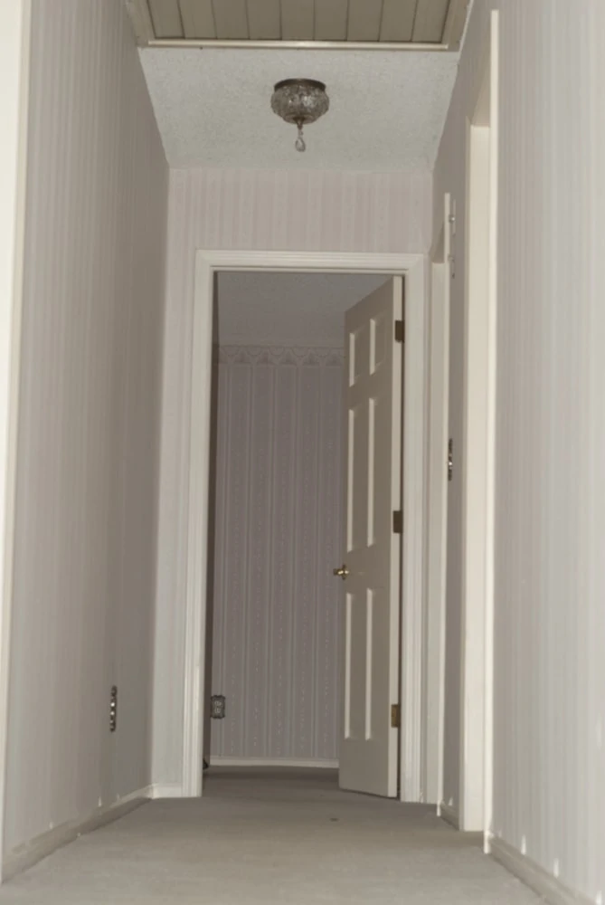 Dated hallway with old carpet and wallpaper