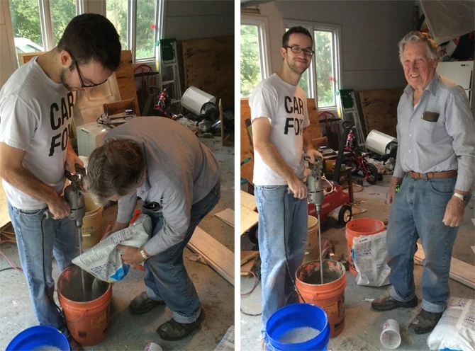 grandpa and Luke mixing mortar