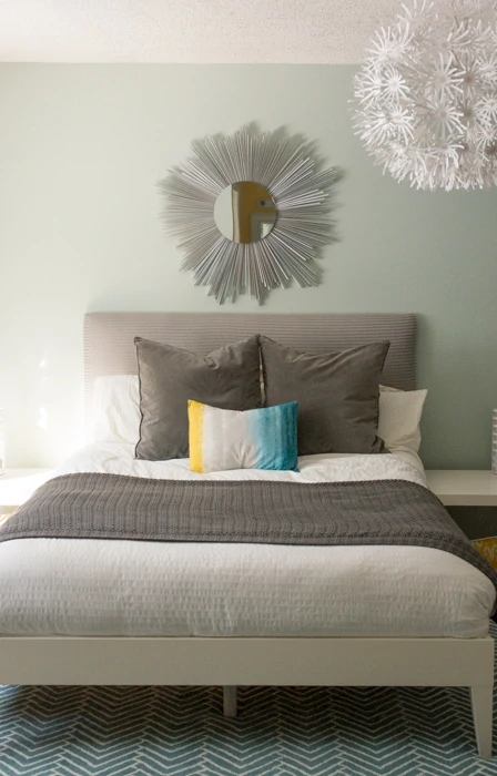 DIY headboard (fabric headboard made out of a curtain).