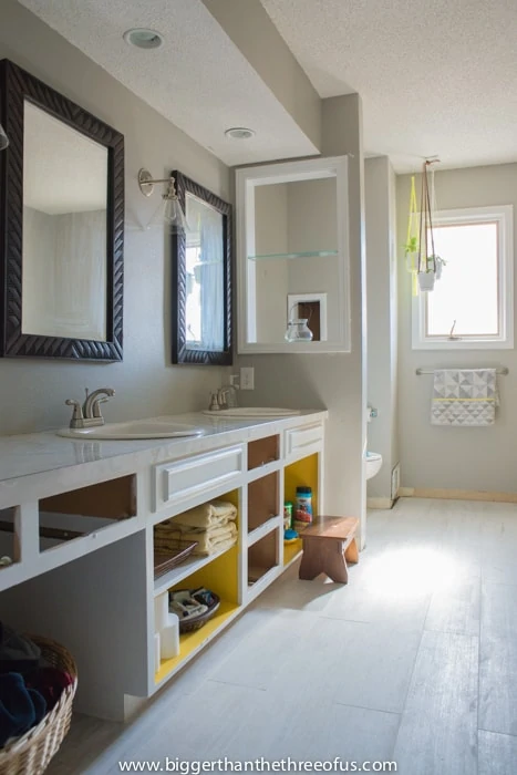 White washed wood tile in hallway bathroom