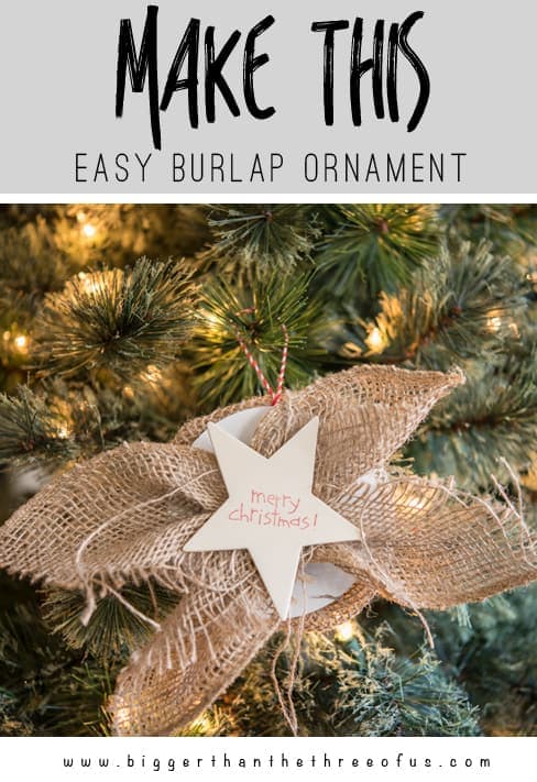 This super easy Christmas Ornament would be perfect on top of Christmas Packages or on the tree! Get the tutorial for this Burlap Ornament!