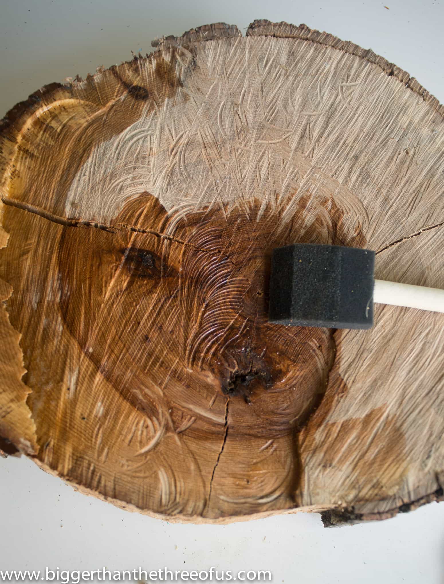 Protecting wood slice for outdoor use with a topcoat 