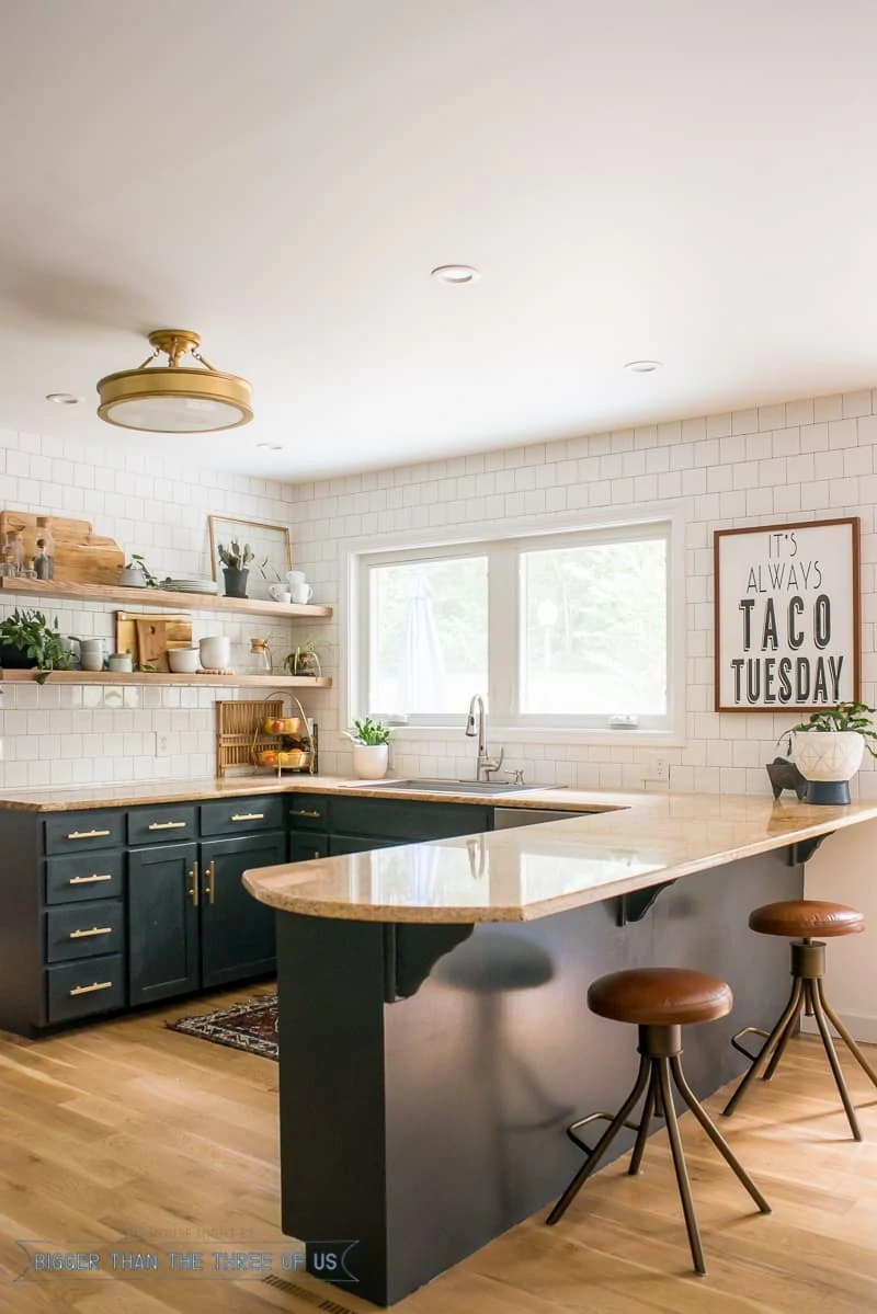 White oak hardwood in kitchen with dark cabinets