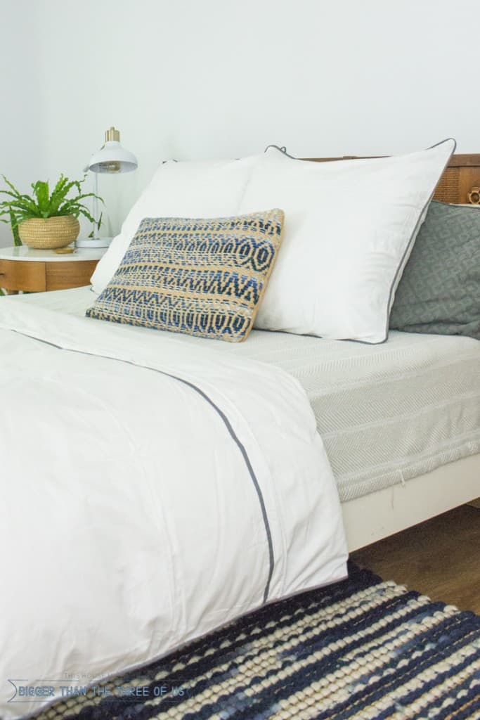 Modern Eclectic Mid-Century Bedroom with white duvet , West Elm nightstand, blue and white rug and plants