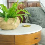 Modern Eclectic Mid-Century Bedroom with white duvet , West Elm nightstand, blue and white rug and plants