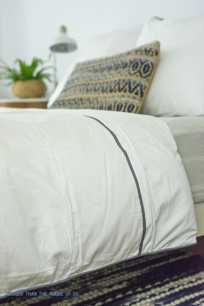 Modern Eclectic Mid-Century Bedroom with white duvet , West Elm nightstand, blue and white rug and plants