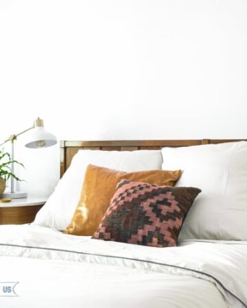 Modern Eclectic Mid-Century Bedroom with white duvet , West Elm nightstand, blue and white rug and plants