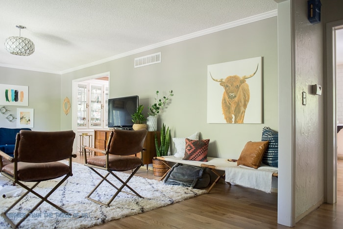 Shag rug with mid-century furniture and gray walls