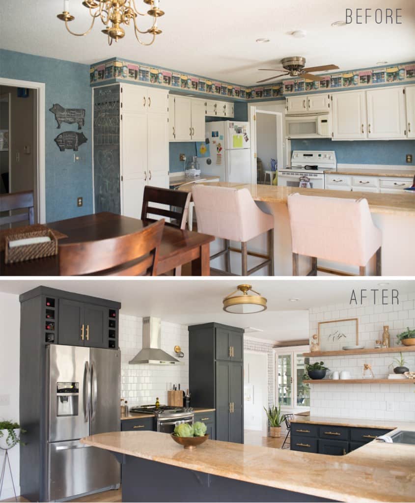 Before and After Eclectic Kitchen with open shelving, white tile, lewis dolin bar pulls and white oak flooring