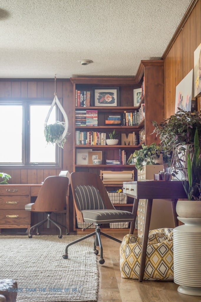 Hanging planter in playroom with built-in shelves