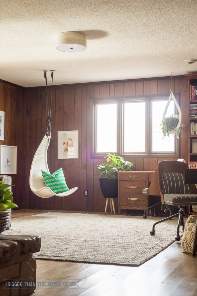 Hanging Chair in playroom with built-in bookcase