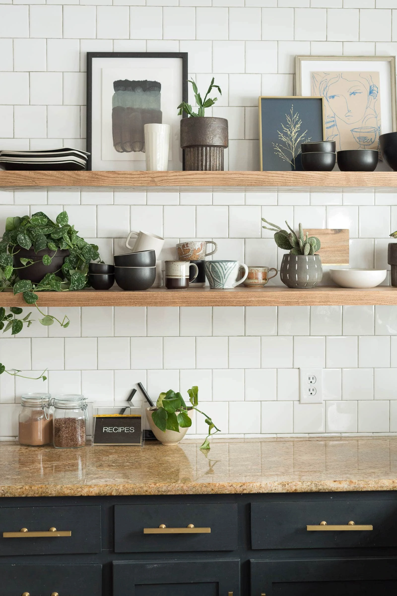 Styled floating shelves in kitchen | Open Kitchen Shelves