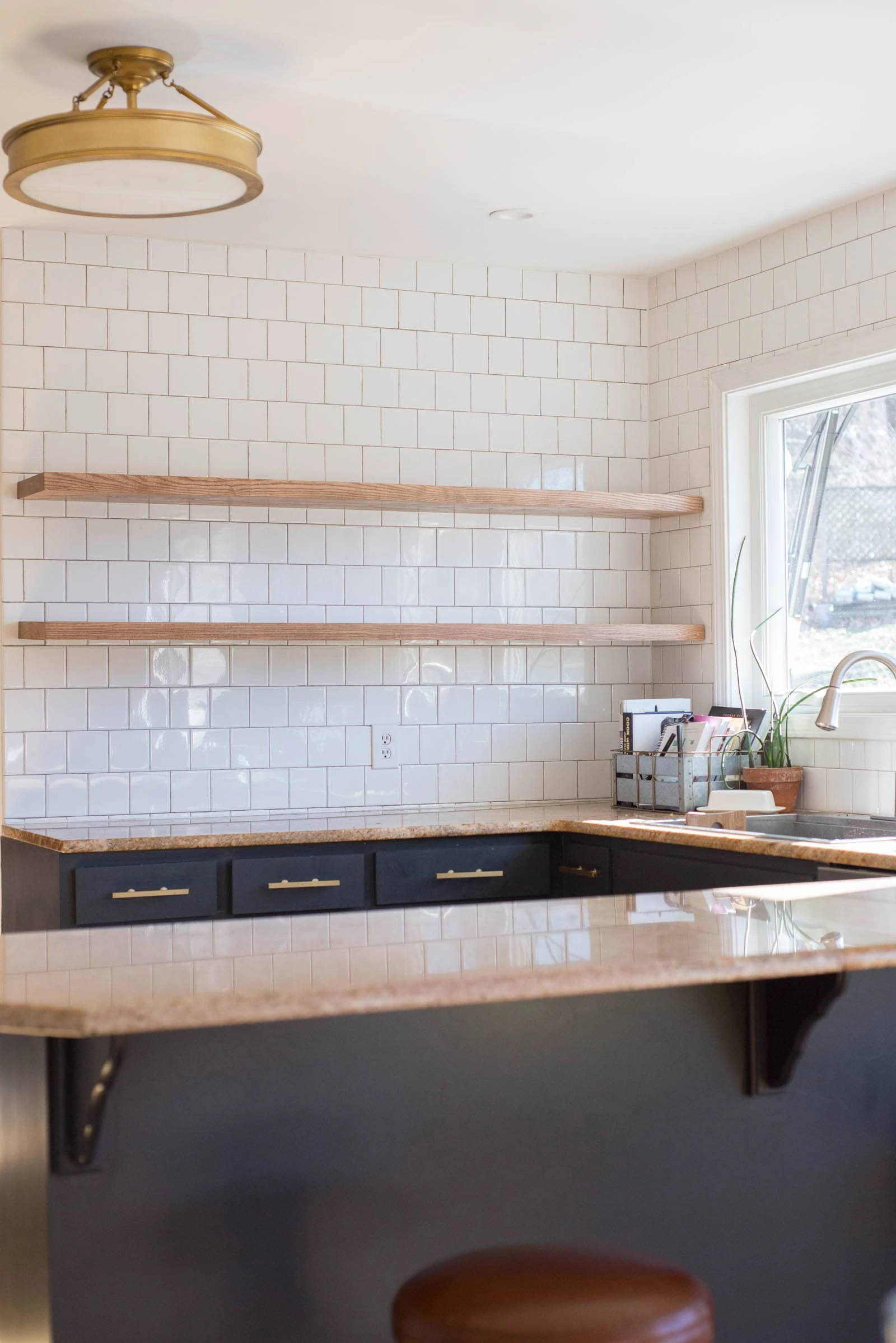 Open Kitchen Shelving over tile in kitchen