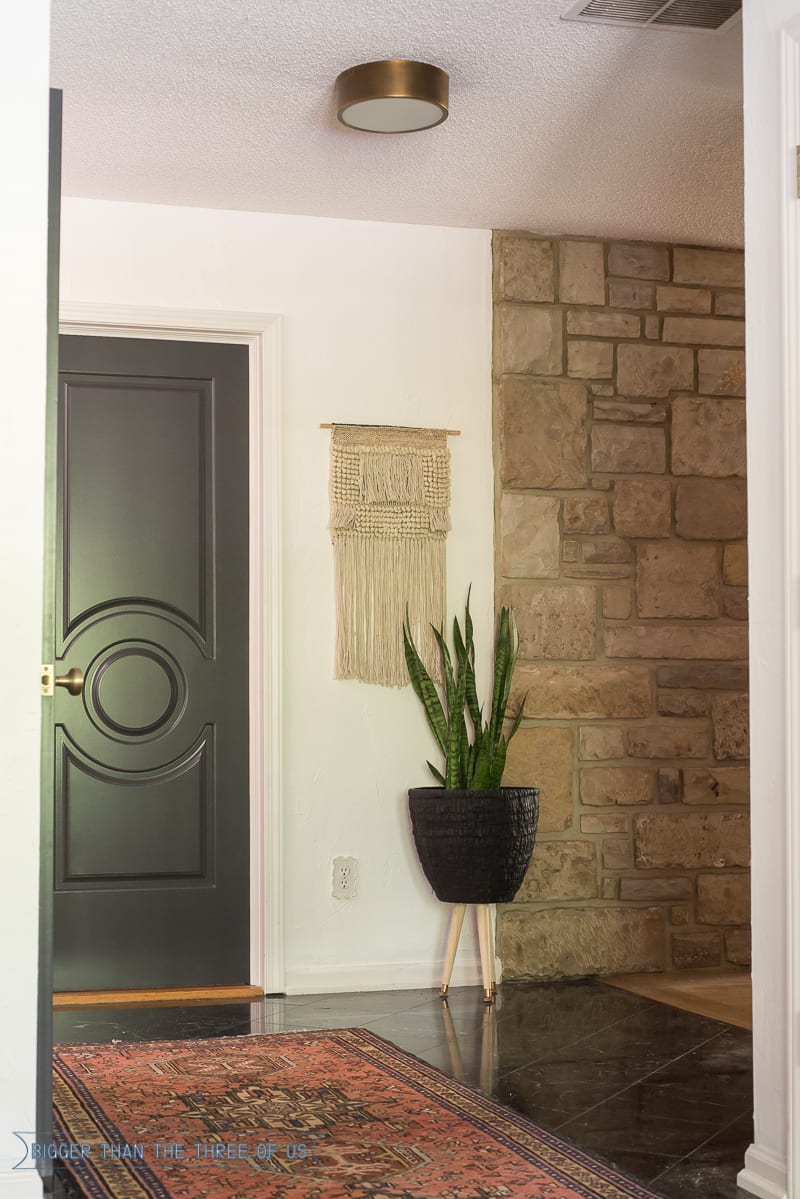 Modern Entryway with dark railing and dark doors