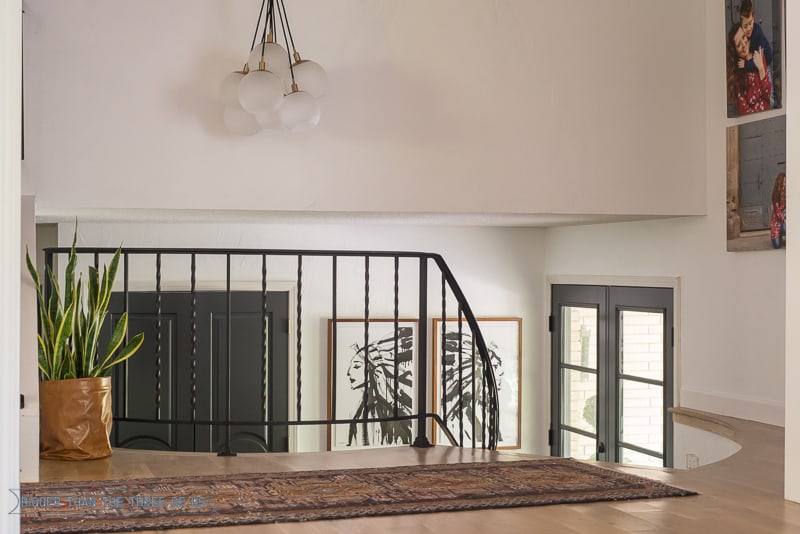 Modern Entryway with wood flooring, black railing and double front doors