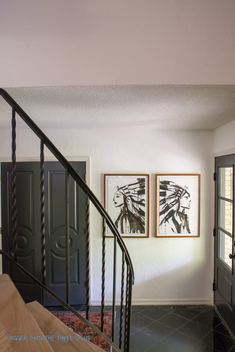 Indian Art in entryway with double front doors and a vintage persian rug