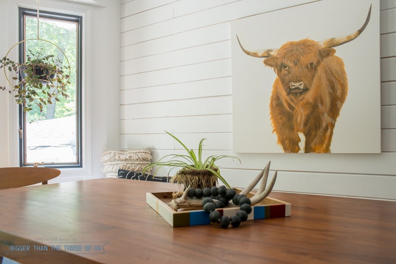 Updated Eat-In Kitchen with Leather Bench Seat, Highland Cow Painting, shiplap and more!