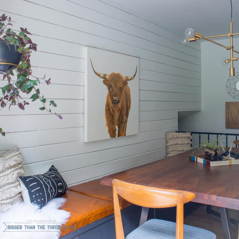 Updated Eat-In Kitchen with Leather Bench Seat, Highland Cow Painting, shiplap and more!
