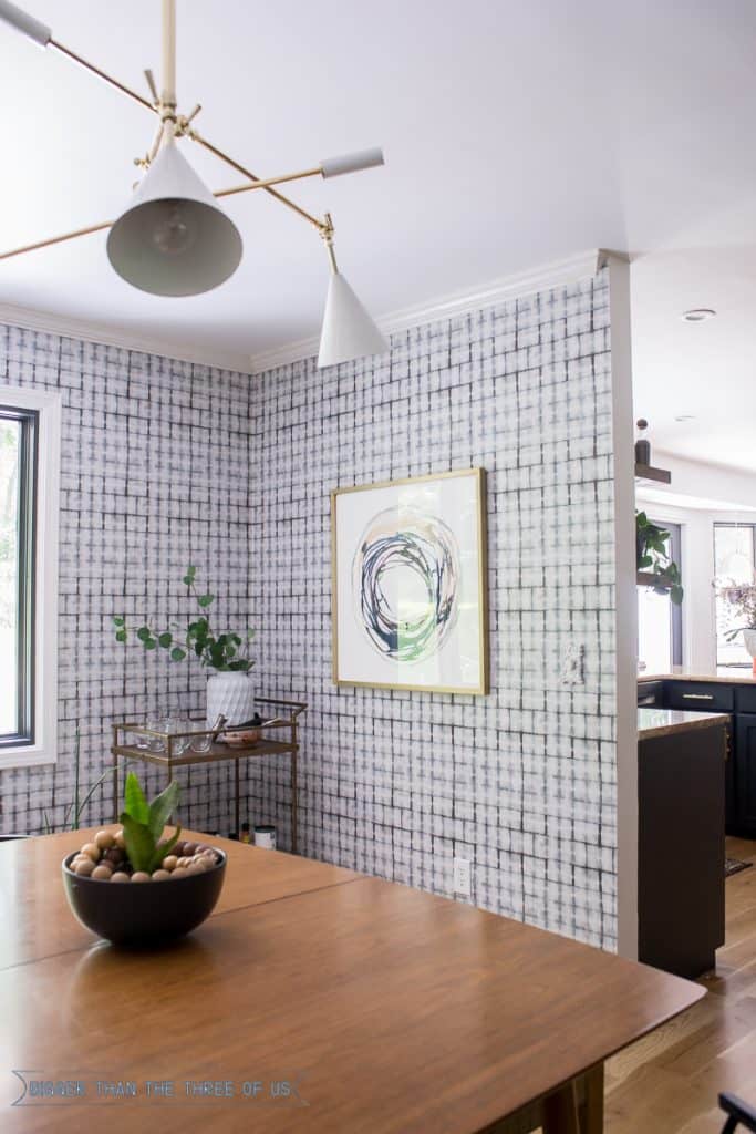 Mid-Century Dining Room with Minted Art, Shibori Wallpaper and Barcart