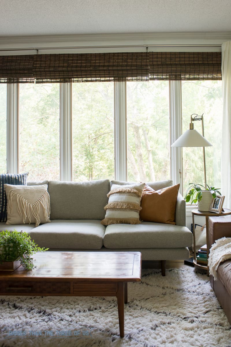 modern boho white living room with Moroccan Shag Rug, shibori pillows and more