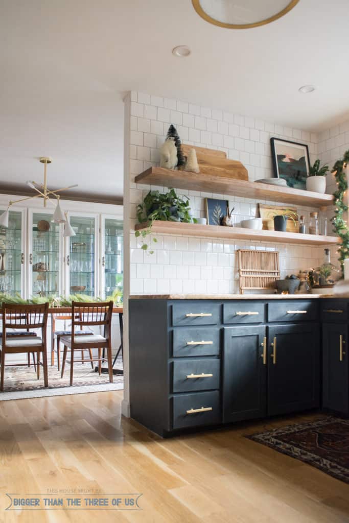 Floating Shelves in kitchen decorated for Christmas. | Modern Christmas Home Tour