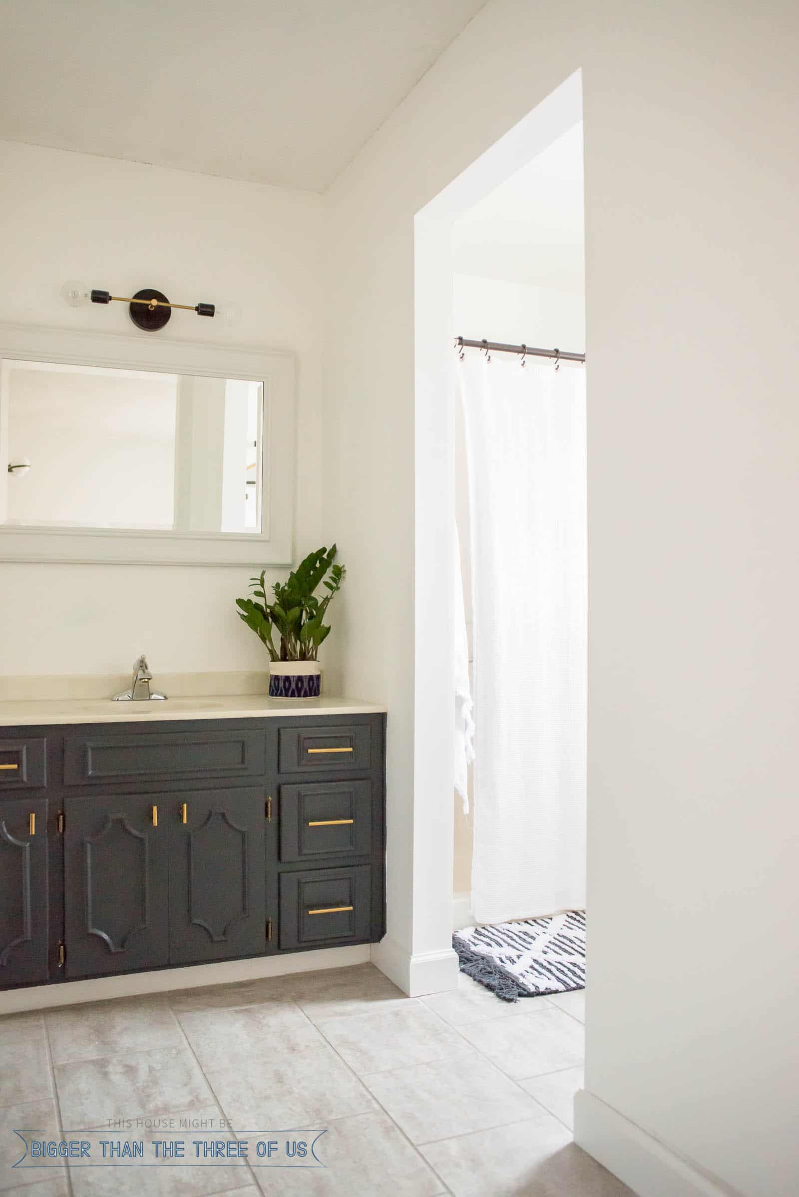 Budget Friendly Bathroom Makeover With Dark Cabinets Bigger Than The Three Of Us