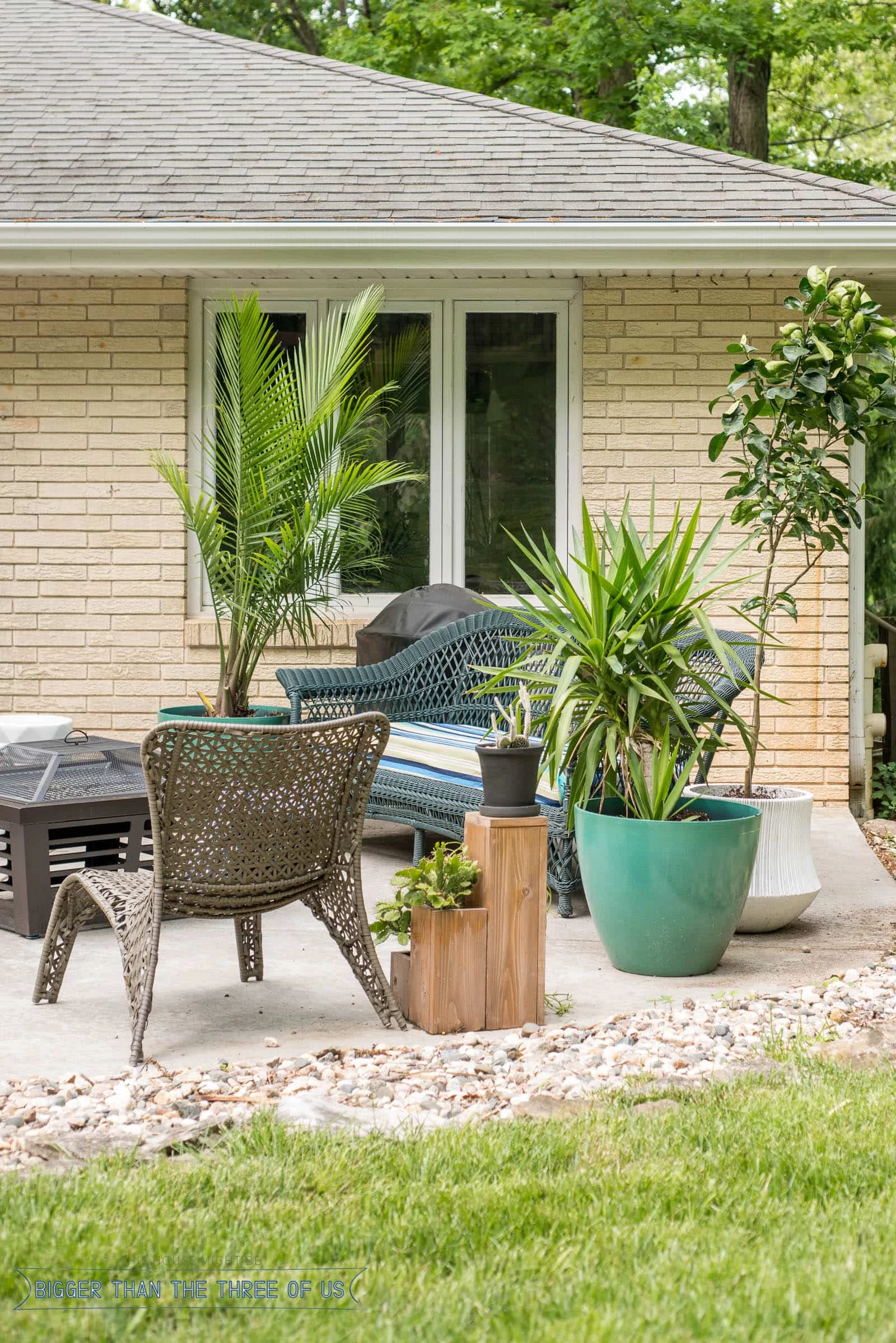 Outdoor patio for the summer featuring a budget friendly patio furniture, diy patio decor and lots of plants for color and texture. #patio #outdoorfurniture #outside #patiofurniture