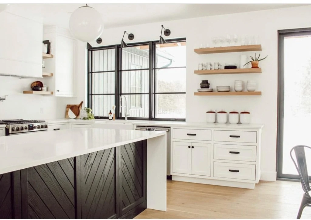 White cabinets with island and wood 