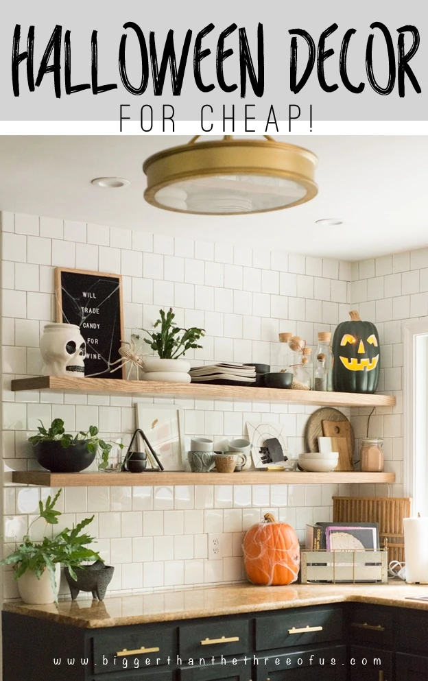 I love putting a sprinkle of halloween decor on my floating kitchen shelves. Come on over and see more Halloween decor ideas for your home. #halloweendecor #floatingshelves