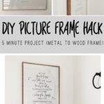 Wood picture frame hack using wood washi tape to transform a metal poster frame to a faux wood poster frame.