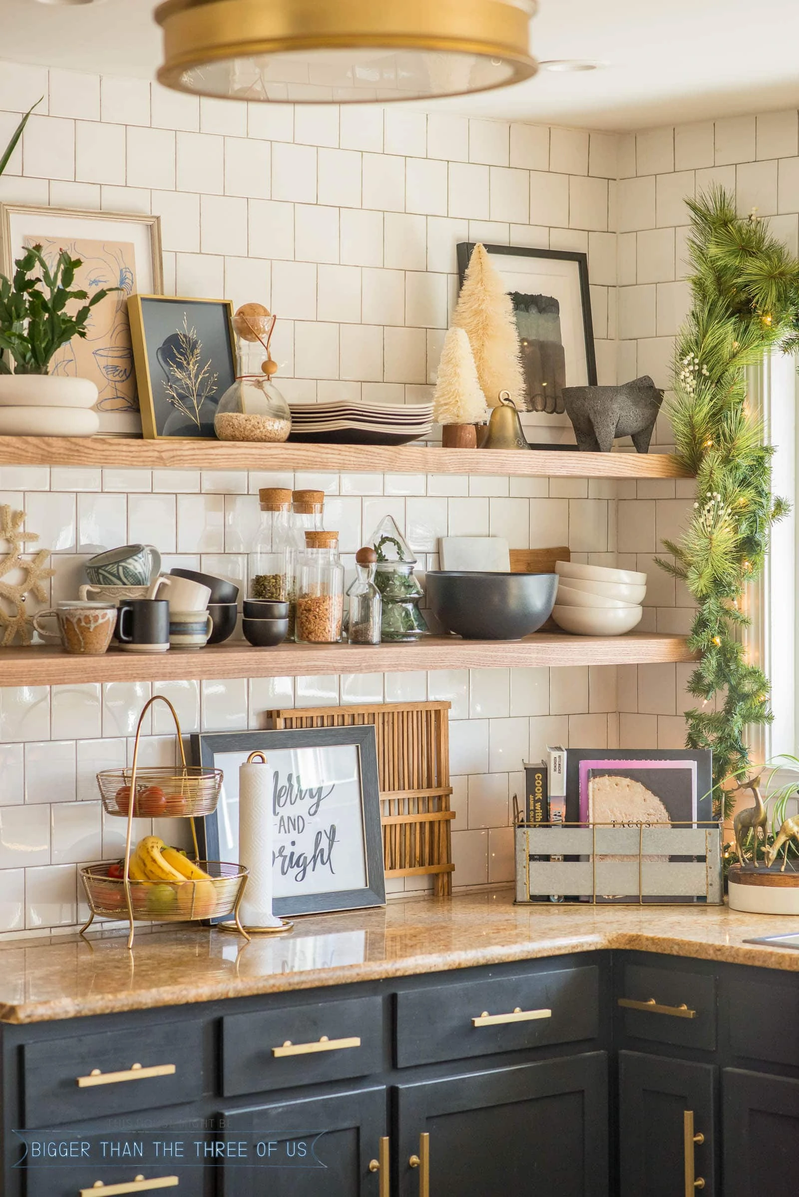 Floating Shelves in Kitchen decorated for Christmas. 