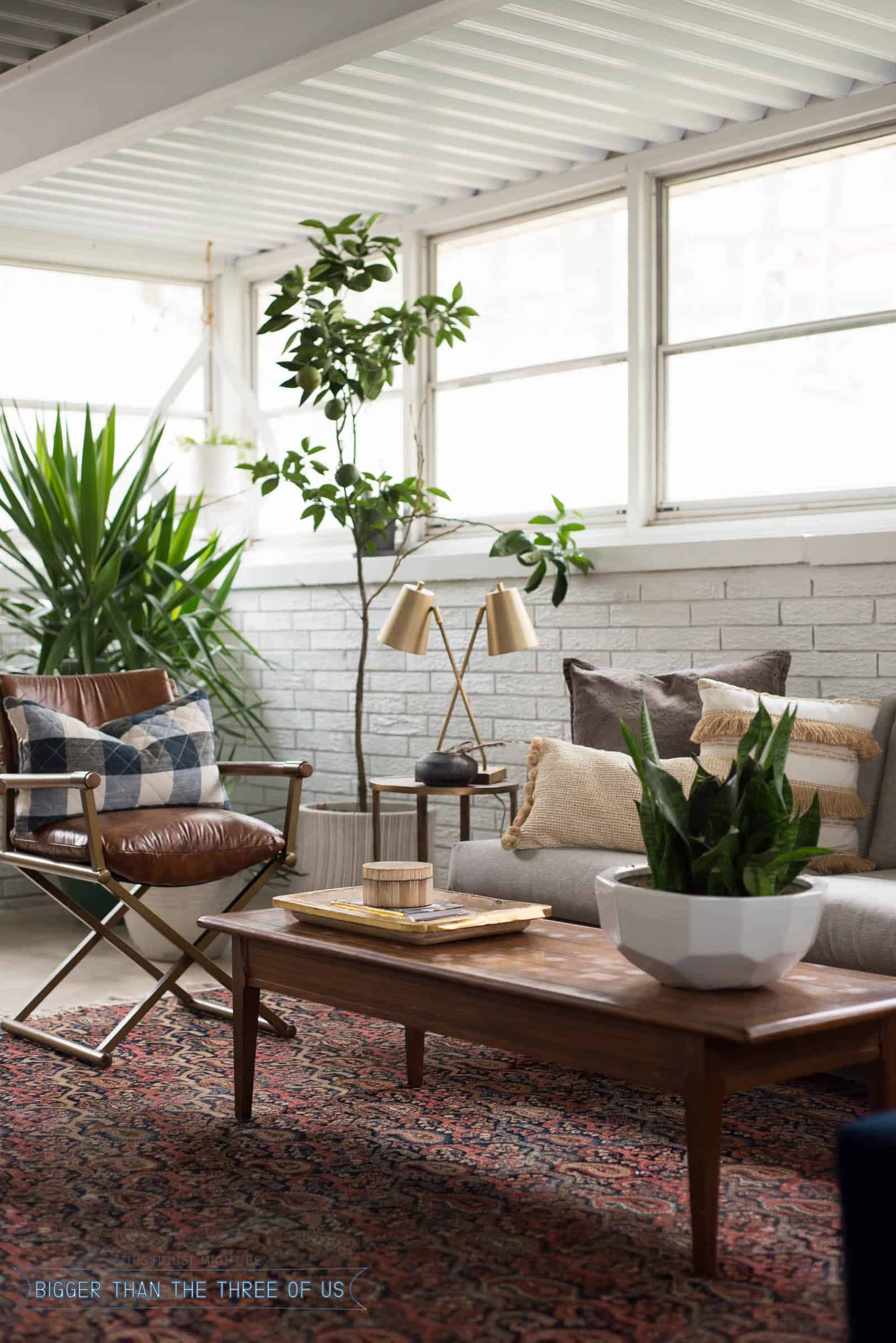 Sunroom Office Makeover with Gray couch, vintage rug and lots of plants.