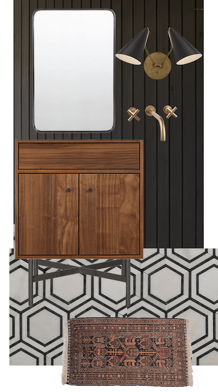 Black shiplap behind walnut vanity for a bathroom mockup