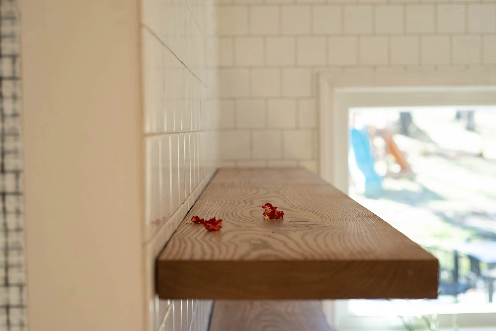 Closeup of floating shelves in the kitchen