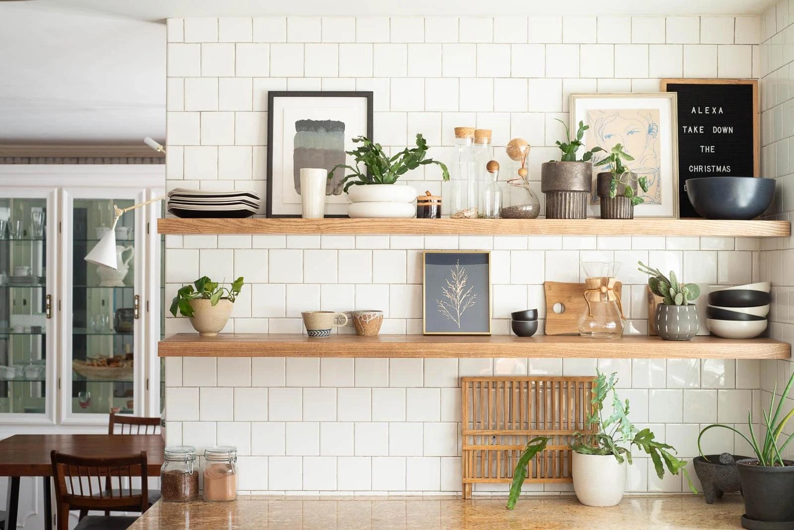 Floating shelves in kitchen