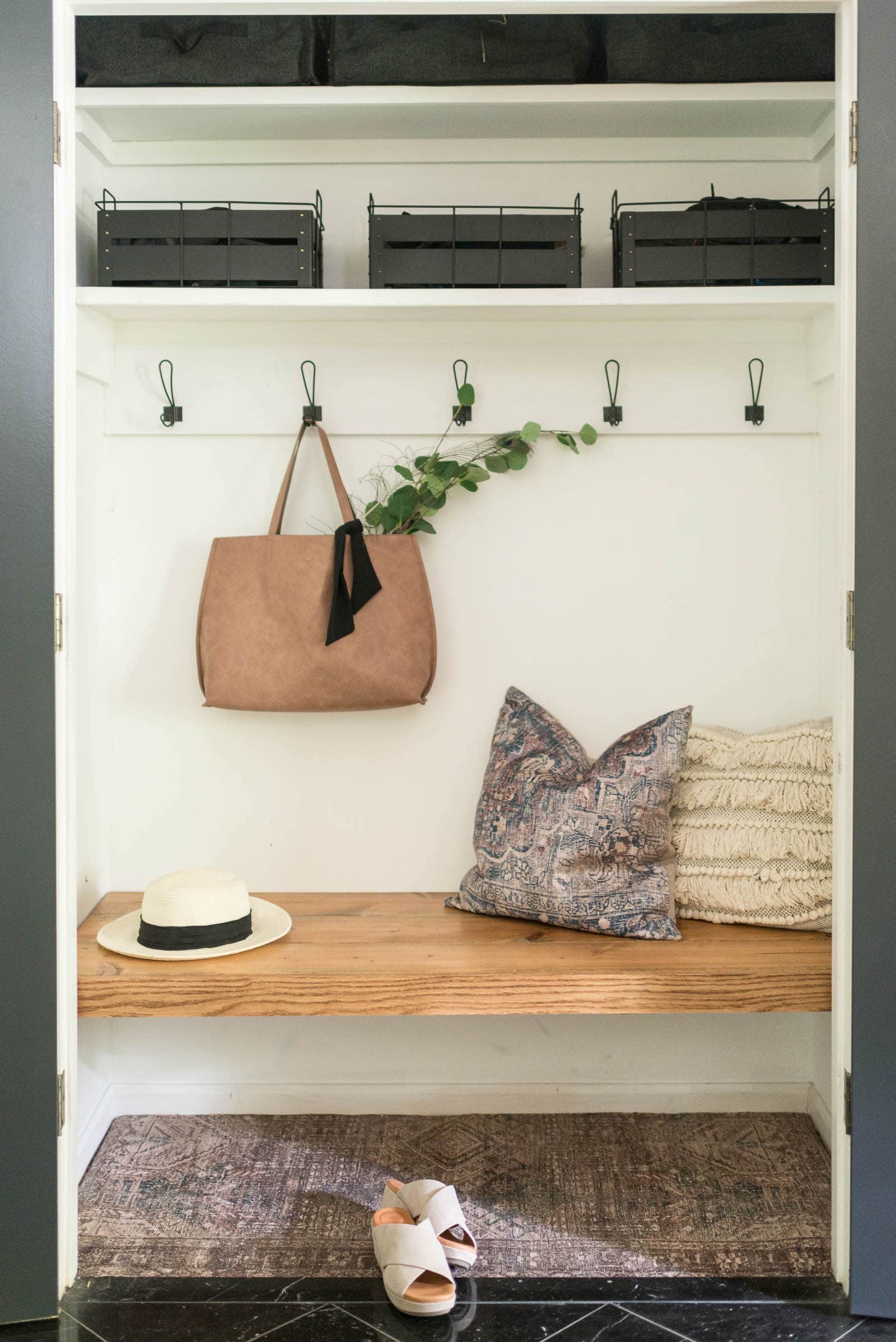 Coat Closet Makeover with a Simple Closet Bench & a Rug as Carpet