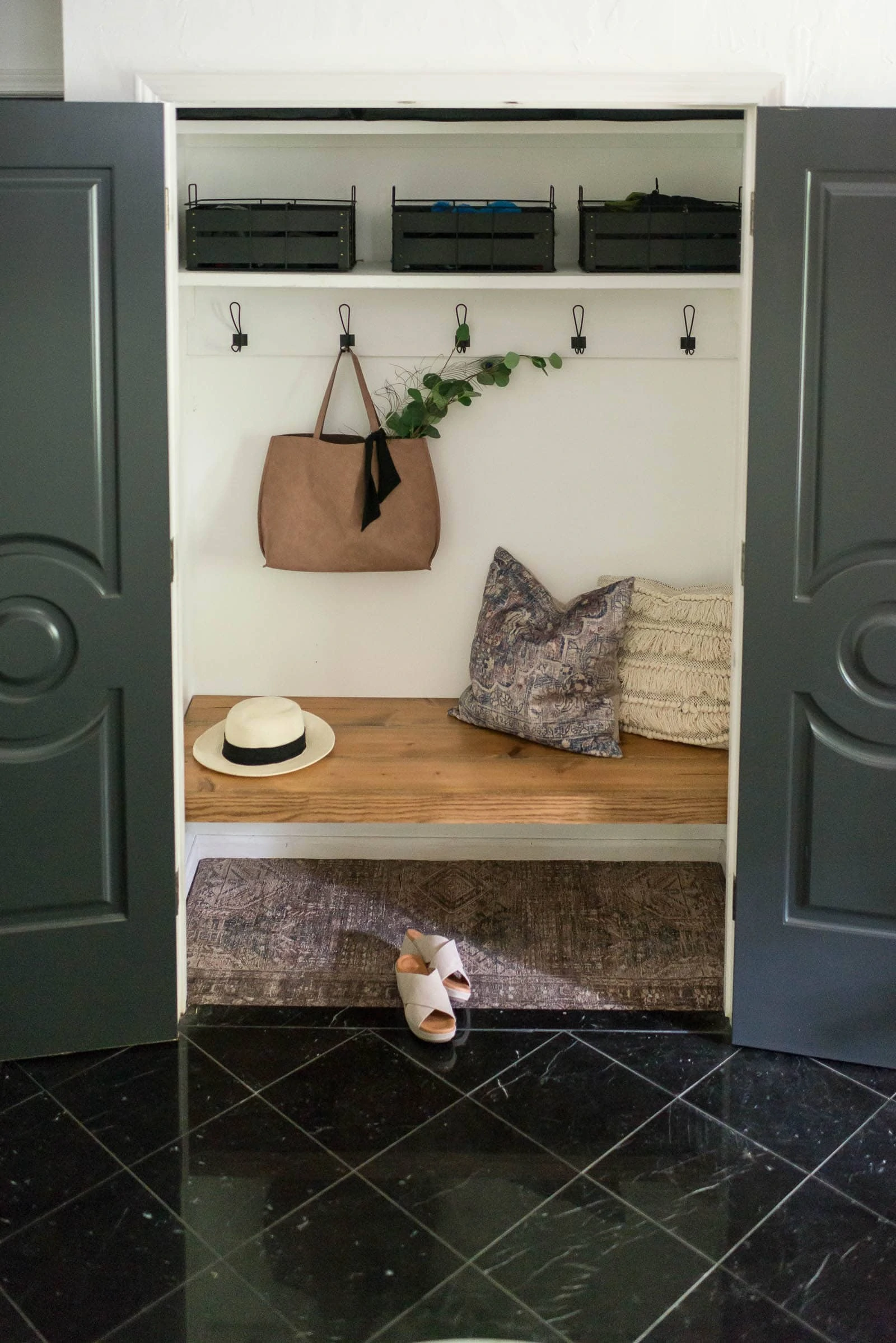 Coat Closet Makeover with a Simple Closet Bench & a Rug as Carpet