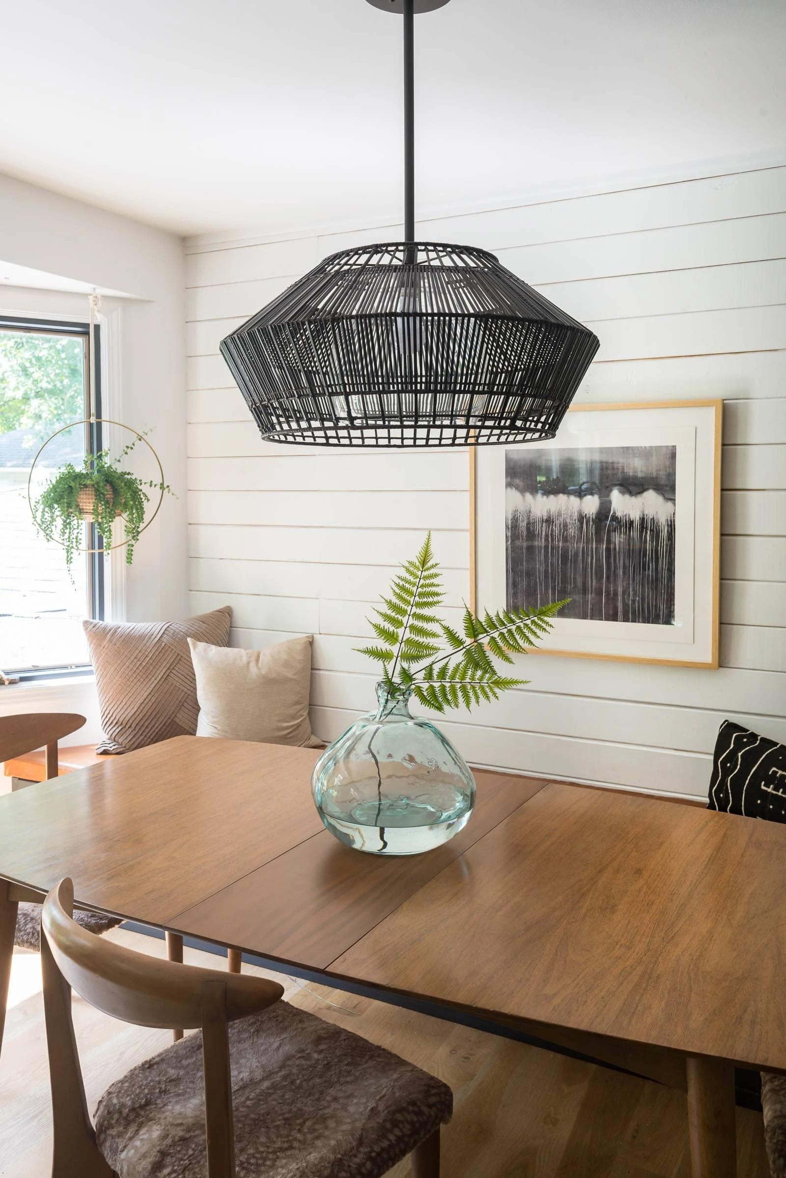 woven light above table in Modern Eat In Kitchen