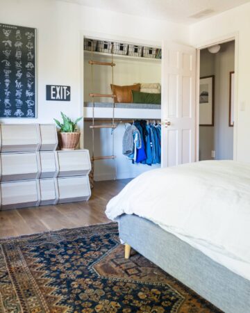 Lego storage in bedroom with closet loft