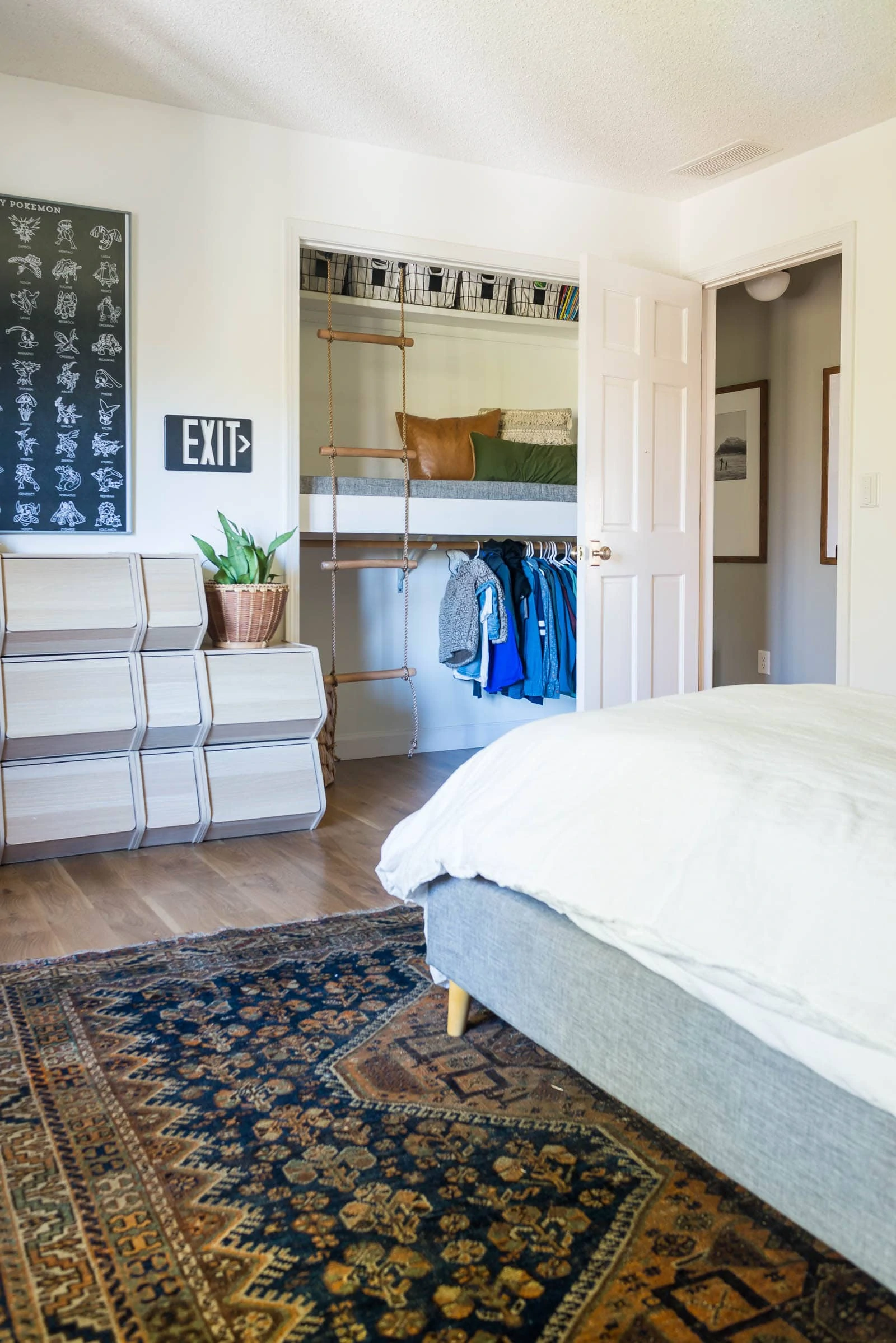 Lego storage in bedroom with closet loft