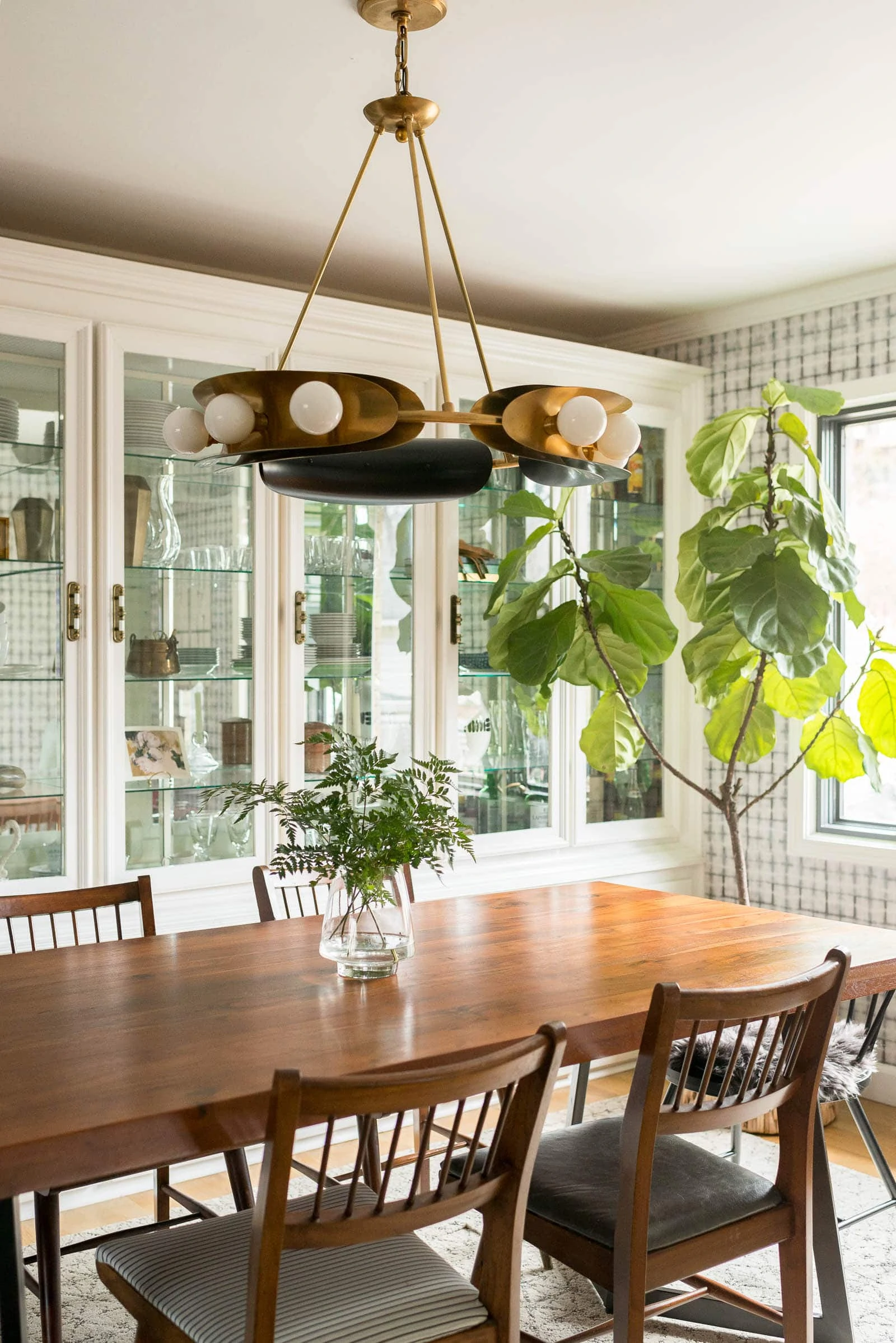 Corbett Lighting in Vintage Dining Room with Shibori Wallpaper and MidCentury Furniture