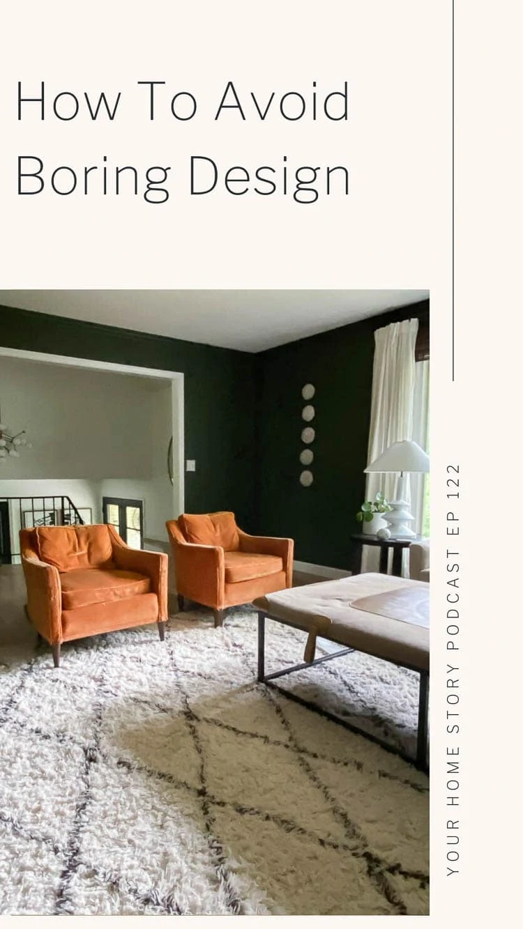Green living room with midcentury chairs and a shag rug