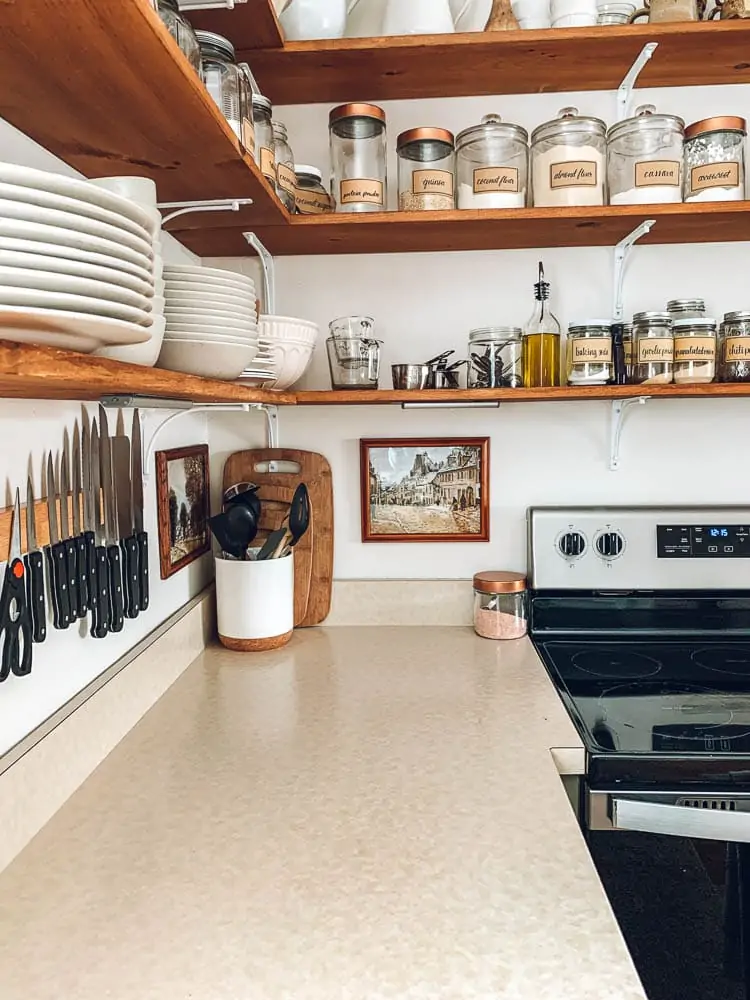 Vintage art under kitchen shelves