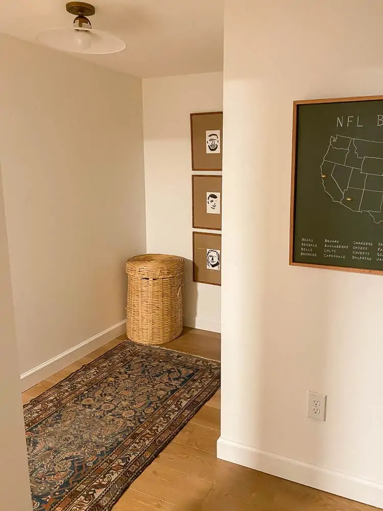 Semi flush light in basement hallway. 