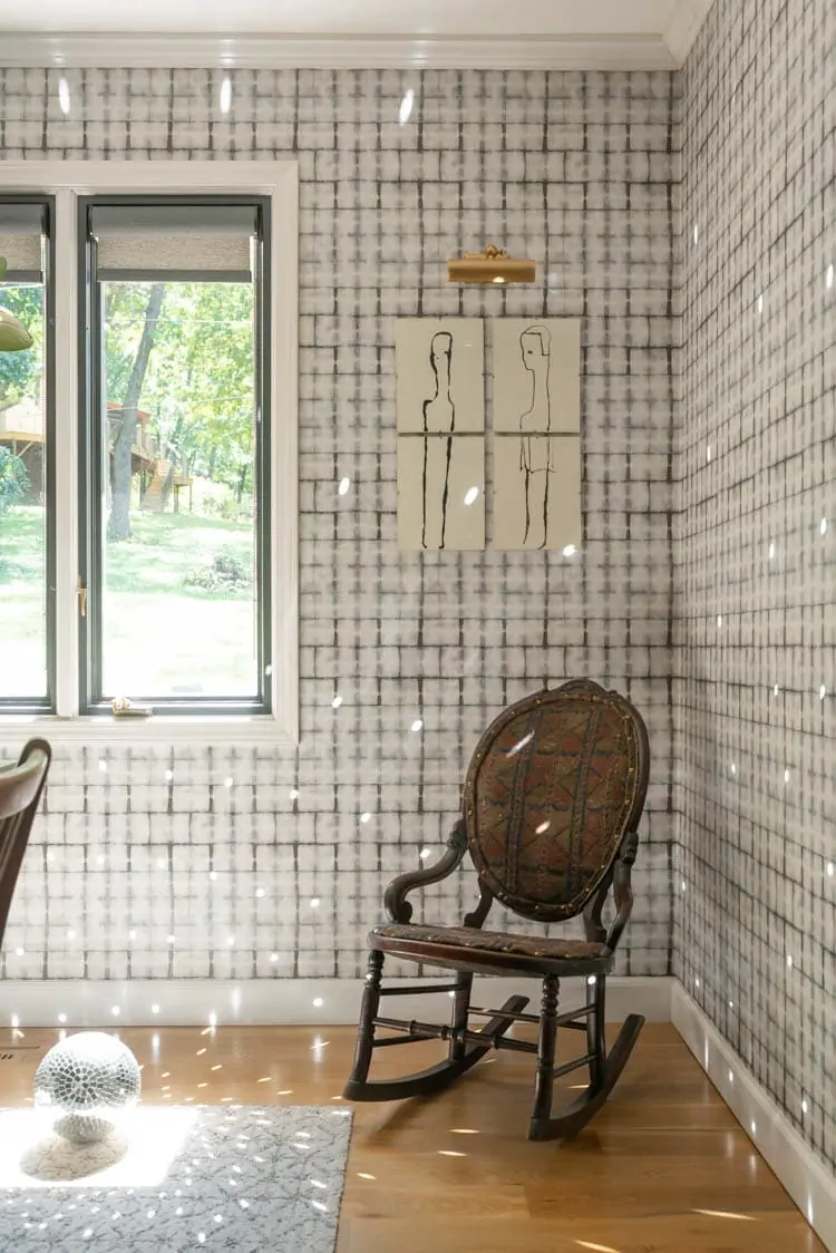 Heirloom: Sewing Chair. Milton and King shibori wallpaper in dining room 