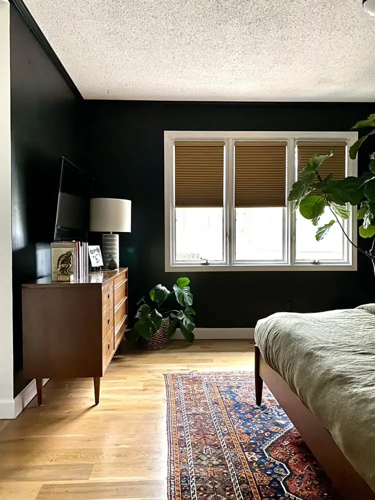 vintage rug in black bedroom with retro furniture 