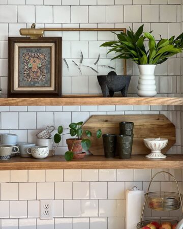 diy feather art on floating shelves