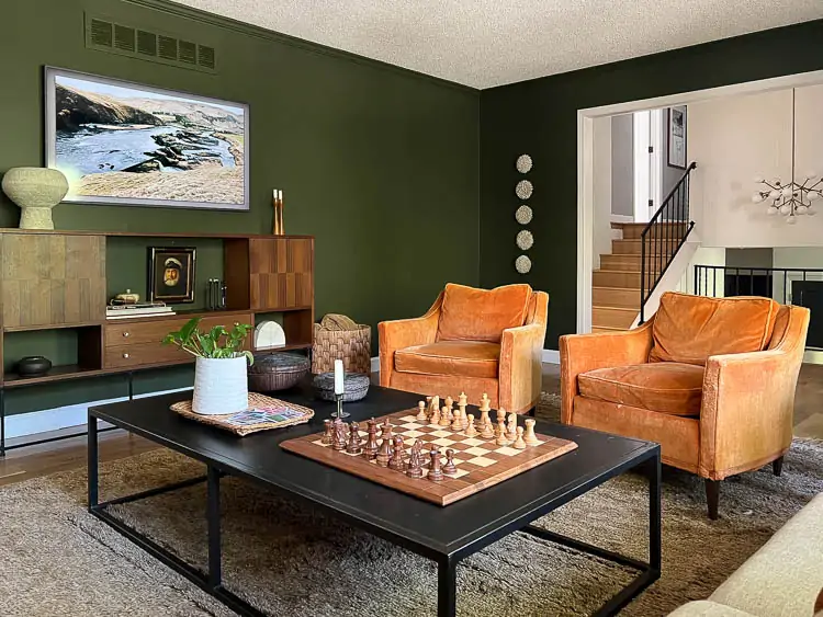 green living room ideas with mid century furniture, chess board on coffee table, etc. 