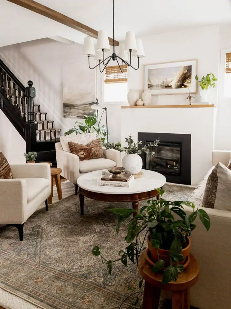 layered living room with black and white accents and plants with marble coffee table 