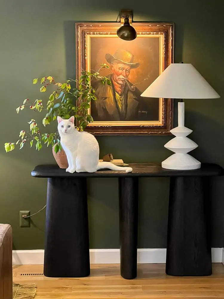 black console with vintage art and a brass picture light over art with cat sitting on console 